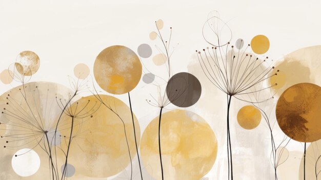 Bohemian minimalistic flowers illustration mixed media circles in the background pastel colors