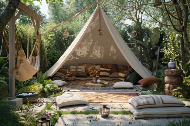 Bohemian outdoor yoga space with canopy tent