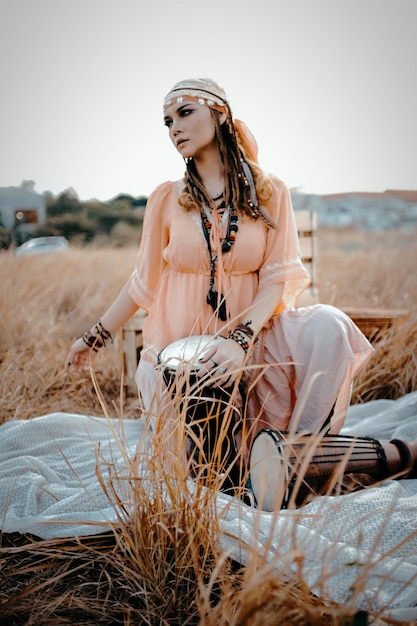 Photo bohemian style on dry prairie