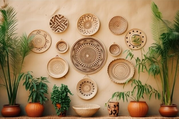 Photo bohemian style eco friendly rattan wall decor trendy room decoration with copy space