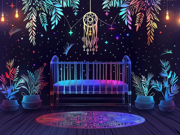 Детская комната в богемском стиле с настенными вывесками из макрама и интерьерной комнатой Dreamc Neon Light VR Concept