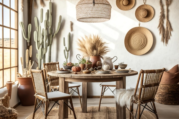 Bohemian wooden dining room with table in boho styles Mediterranean interior design potted straws with pebbles dry plants ornament ears sheaf branch in vase