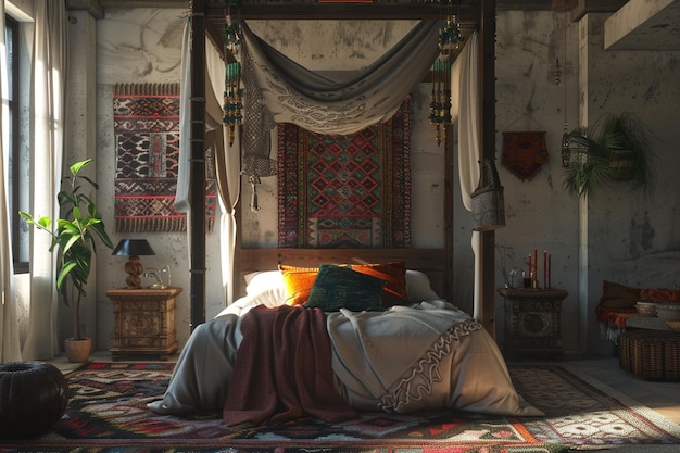 Bohemianinspired bedroom with a canopy bed and tex