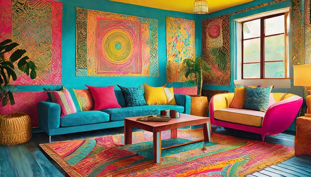 Bohemianinspired living room with eclectic patterns vibrant colors and mismatched furniture exuding ...