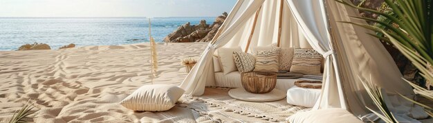 A bohemianstyled teepee with comfortable cushions set on a sandy beach