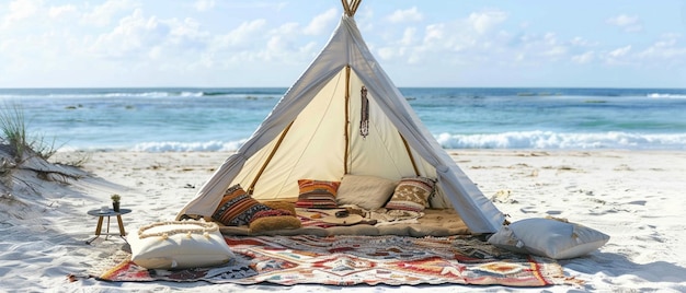 A bohemianstyled teepee with comfortable cushions set on a sandy beach