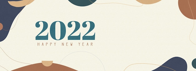 Boho stile astratto felice anno nuovo 2022 su forma astratta di colore blu, giallo, verde scuro e arancione su sfondo crema bohémien contemporaneo. biglietto di auguri minimalista scandinavo neutro alla moda per le vacanze