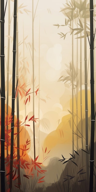 Boho Art Bamboo Forest Minimalist Mountain Landscape