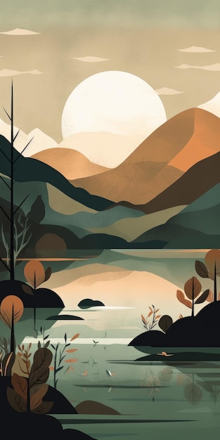 Boho Art Style Estuary Minimalist Mountain Landscape