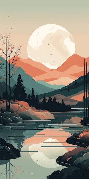 自由奔放に生きるアート スタイルの川のあるシンプルな山の風景
