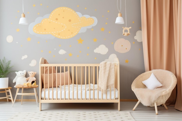 Boho baby nursery decoration with cute rainbow moon clouds and planets