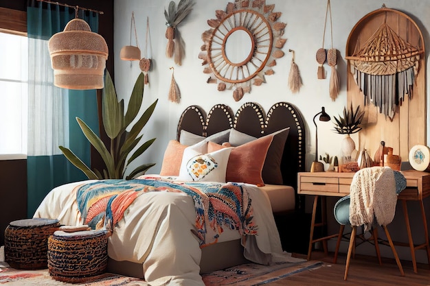 Спальня в стиле бохо с причудливым декором и винтажными элементами