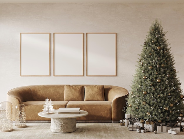 사진 장식 된 크리스마스 트리 및 선물 배경과 함께 보호 베이지 거실 현대 자연 전망