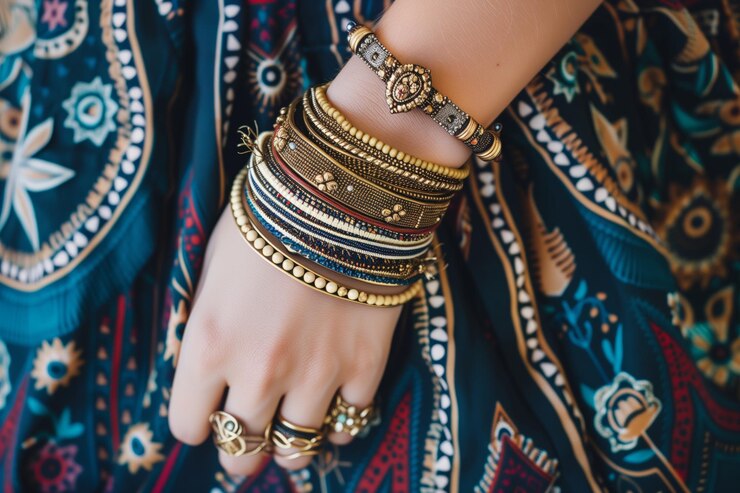 Photo boho bracelets and bangles on a wrist above an ethnic skirt