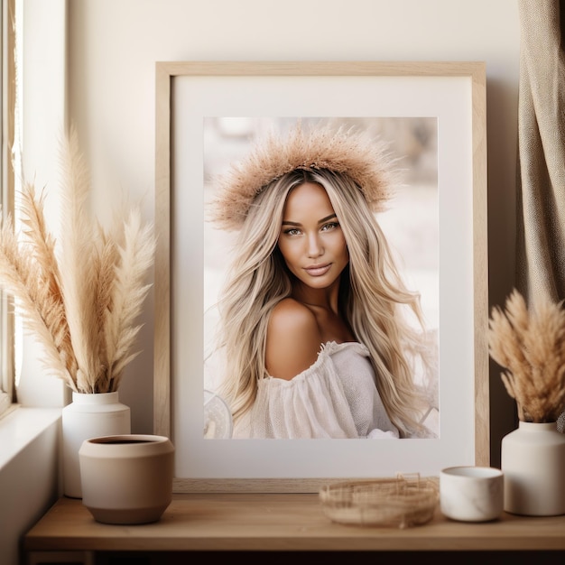 Boho Chic HyperRealism in a Relaxed Social Media Style A Female Embracing a Plain White Wall Art