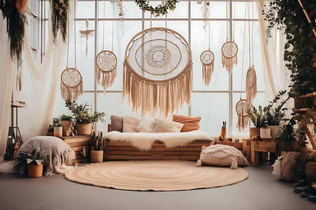 Foto boho chic room girls con appesi da parete macrame dream catche illustrazione trending decor di sfondo.