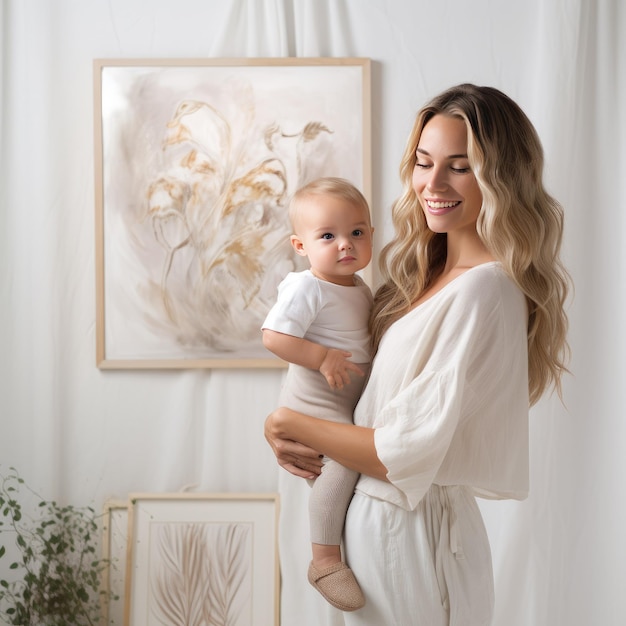 Бохо-шик. Потрясающий снимок безмятежной матери, обнимающей гиперреалистичные белые настенные рисунки в квартире.