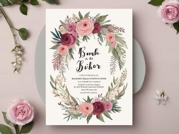 Boho Chic Wedding Invitation Card with Flower Wreath