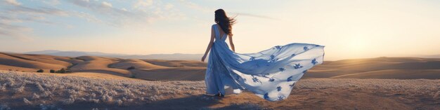 Photo boho chic woman in desert at sunset