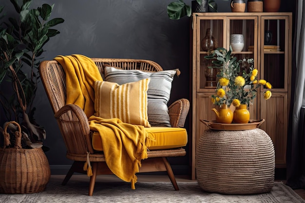 Boho chic woonkamerdecor met grijze bank, bamboe en botanische accessoires, vervaardigde commode