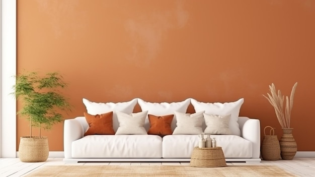 Boho cozy living room design bright wall mockup