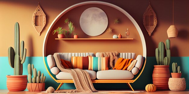 Boho cozy living room interior design bright wall mockup 3d style 3d illustration Generative Ai