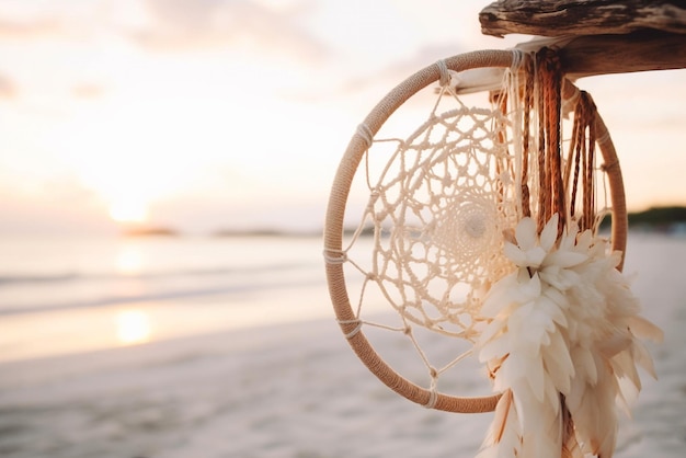 Boho-dromenvangers die op het strand hangen bij zonsondergang Generatieve AI