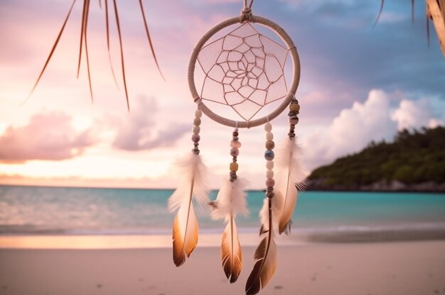 Boho-dromenvangers die op het strand hangen bij zonsondergang Generatieve AI