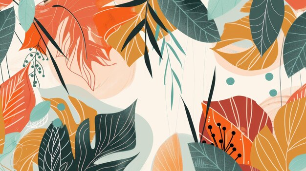 Boho foliage botanical tropical leaves and floral pattern design for summer sale banner wall art prints and fabrics Abstract art nature background modern Modern shape line art wallpaper