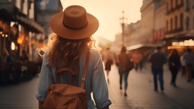 Foto boho ragazza che cammina per la strada della città