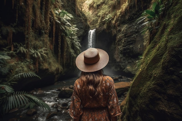 Boho girl walking at a hidden waterfall in a lush forested canyon rear view