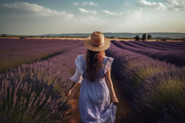 Boho girl walking at a lavender field rear view