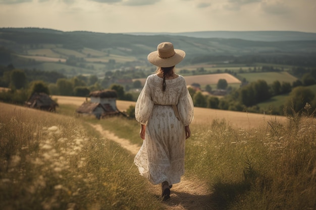 Boho girl walking at a picturesque countryside with rolling hills and quaint farms rear view