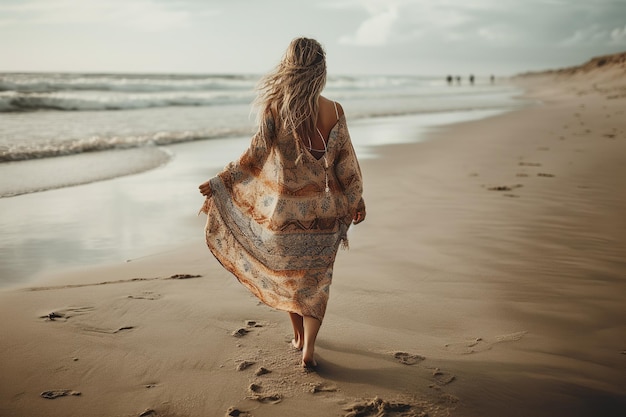 A boho girl walking at a sandy beach surrounded by ocean and breathtaking cliffs views rear view