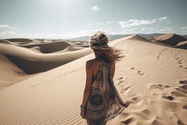 Boho girl walking at sandy desert and breathtaking swept sand dunes and vast open skies rear view