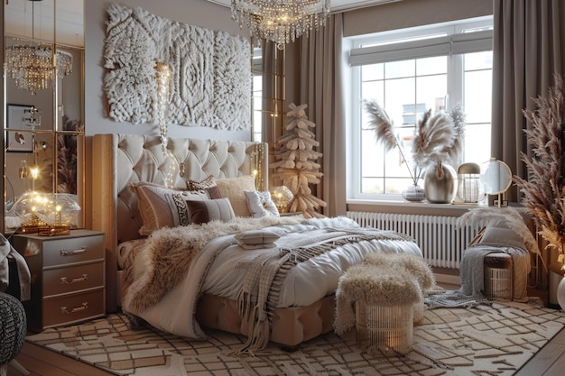 Boho glam slaapkamer met spiegelmeubels en faux