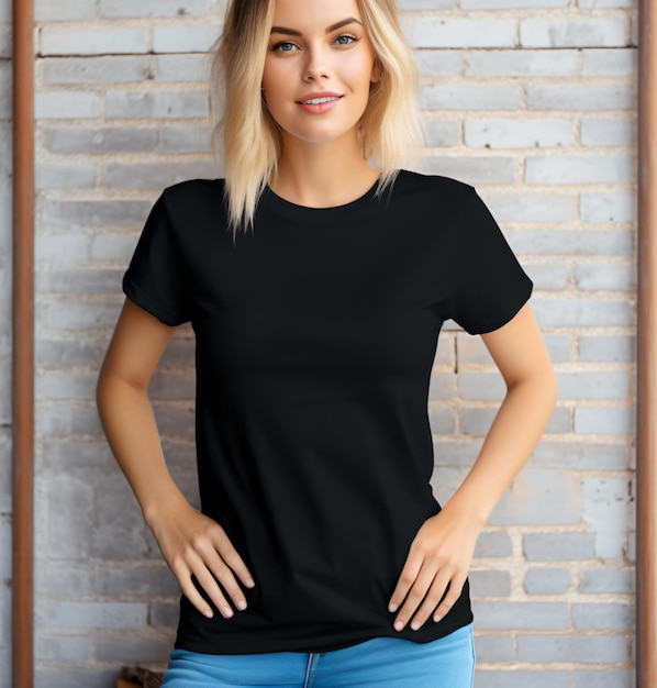 Boho Hipster girl wearing blank black tshirt mockup and jeans posing against street wall