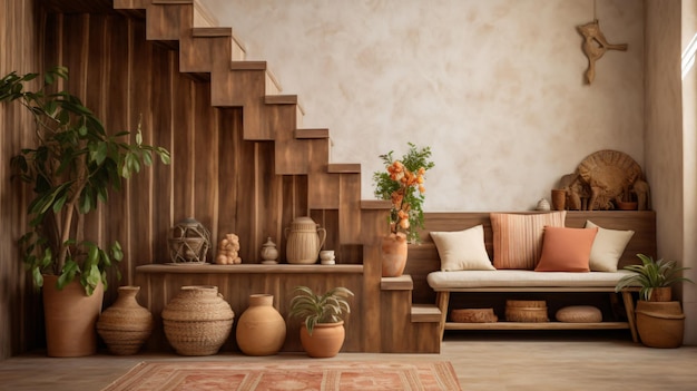 Boho interior design of modern entrance hall with wooden stairs