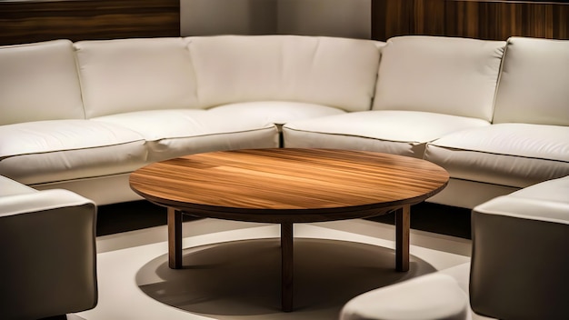 モダンなリビングルームのインテリアデザイン ルースティックな丸い木製のコーヒーテーブルと白いソファ