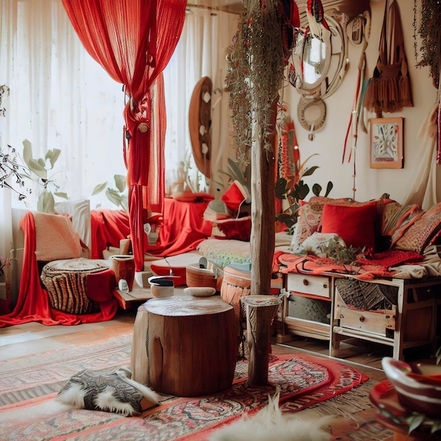 Boho interior design with red accents