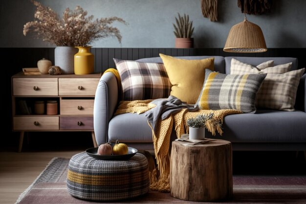 Boho living room interior with gray sofa wooden coffee table commode and elegant