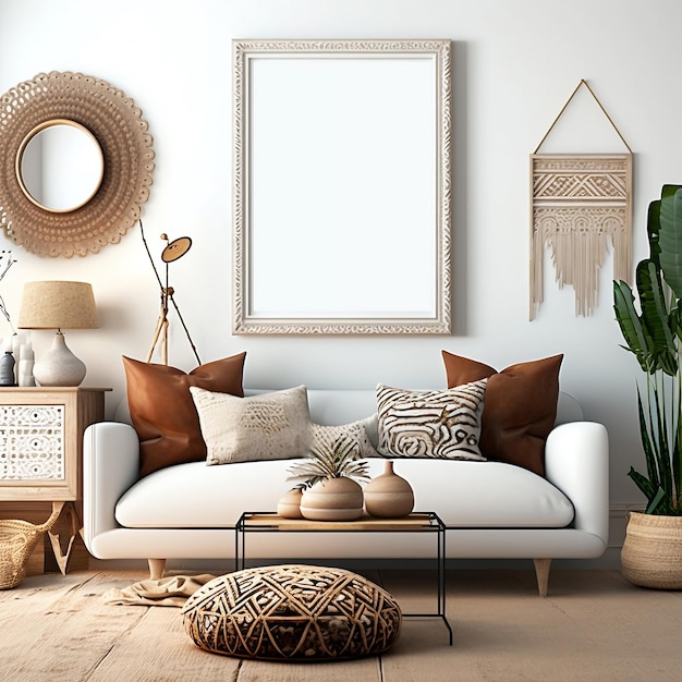 Boho Living Room Interior with Horizontal Frame Mockup 3D Rendered Illustration