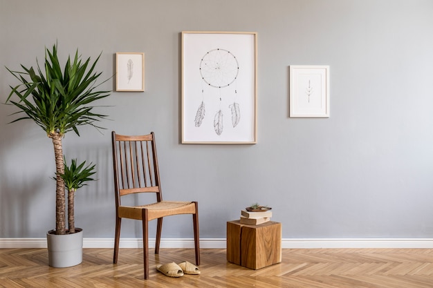 boho living room interior with mock up poster frame chair plants and accessories Template