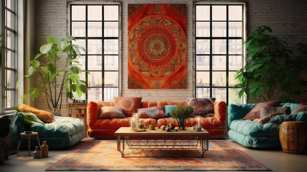 Boho living room with tapestry wall