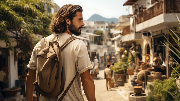 Boho man walking on the city street sunset Bohemian Boy holiday trip city