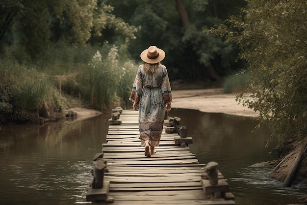 Boho-meisje dat aan een rustige rivieroever loopt met zachte stroomversnellingen en een achteraanzicht van een houten voetgangersbrug
