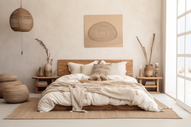 Минимальный стиль интерьера спальни с декорациями для дома Уютный бежевый стильный Генеративный ИИ