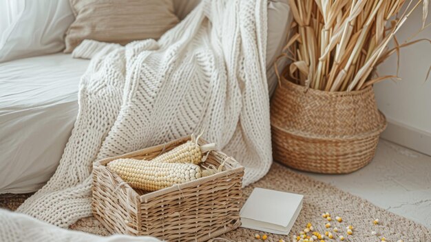 Boho mockup with a wooden bottom and corn