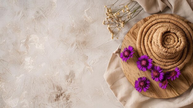 Boho mockup with a wooden bottom and purple asters