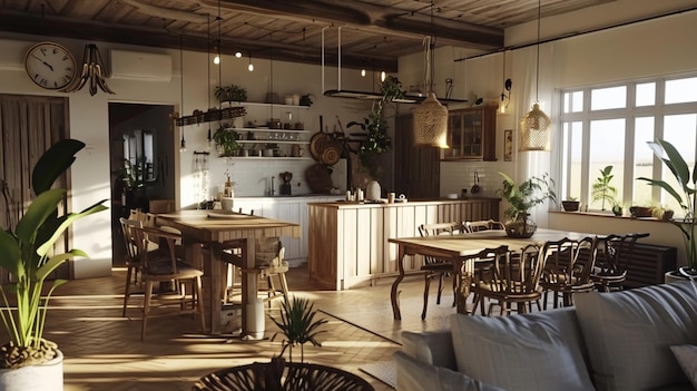 Boho scandinavian interior design living room with kitchen island and dining table Generative Ai